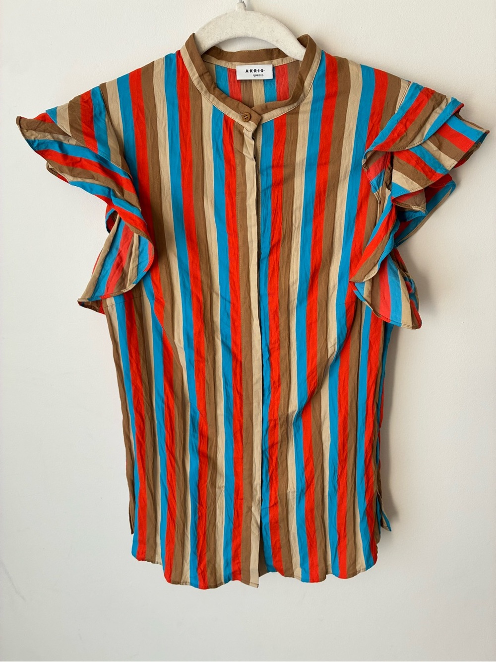 Akris Punto Top Women’s 8 Multicolor Stripe Ruffle Sleeve Designer Blouse